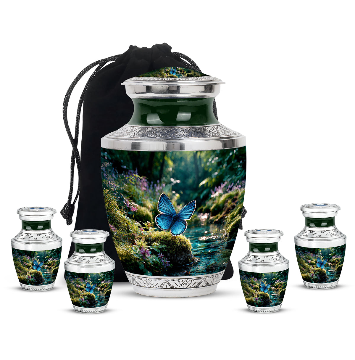 Moss Green Butterfly Cremation Urn lifestyle display on memorial shelf - contemporary butterfly design with modern artistic flair - memorial set with one large and four small urns