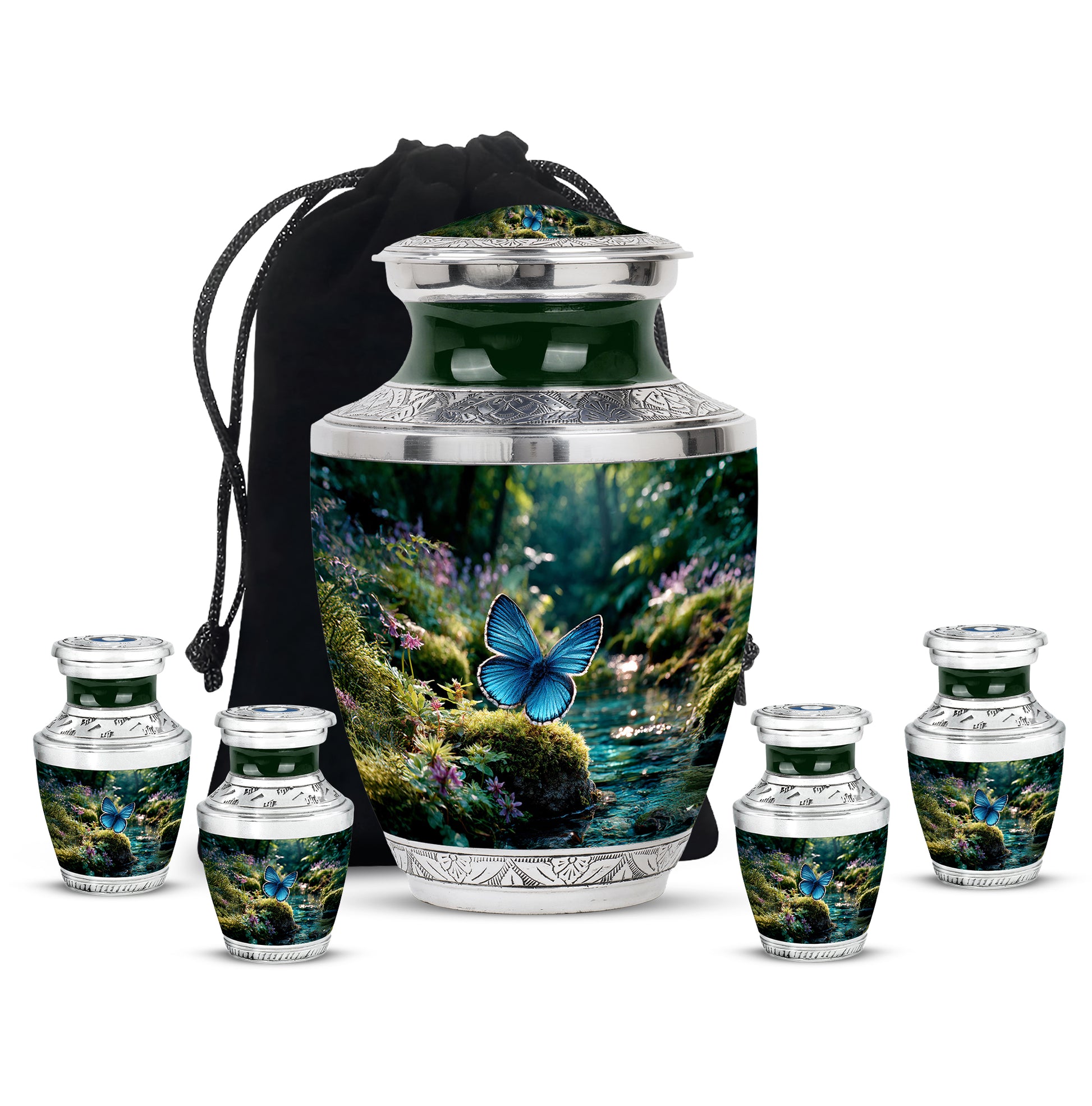 Moss Green Butterfly Cremation Urn lifestyle display on memorial shelf - contemporary butterfly design with modern artistic flair - memorial set with one large and four small urns
