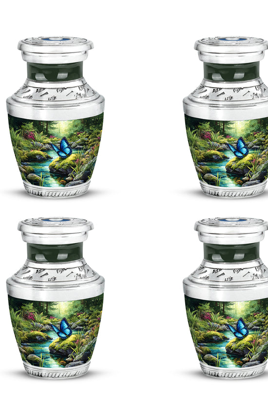 Forest Green Butterfly Cremation Urn back view with polished surface - stylized abstract butterfly pattern with bold lines - 10 inch aluminum urn for cremated remains