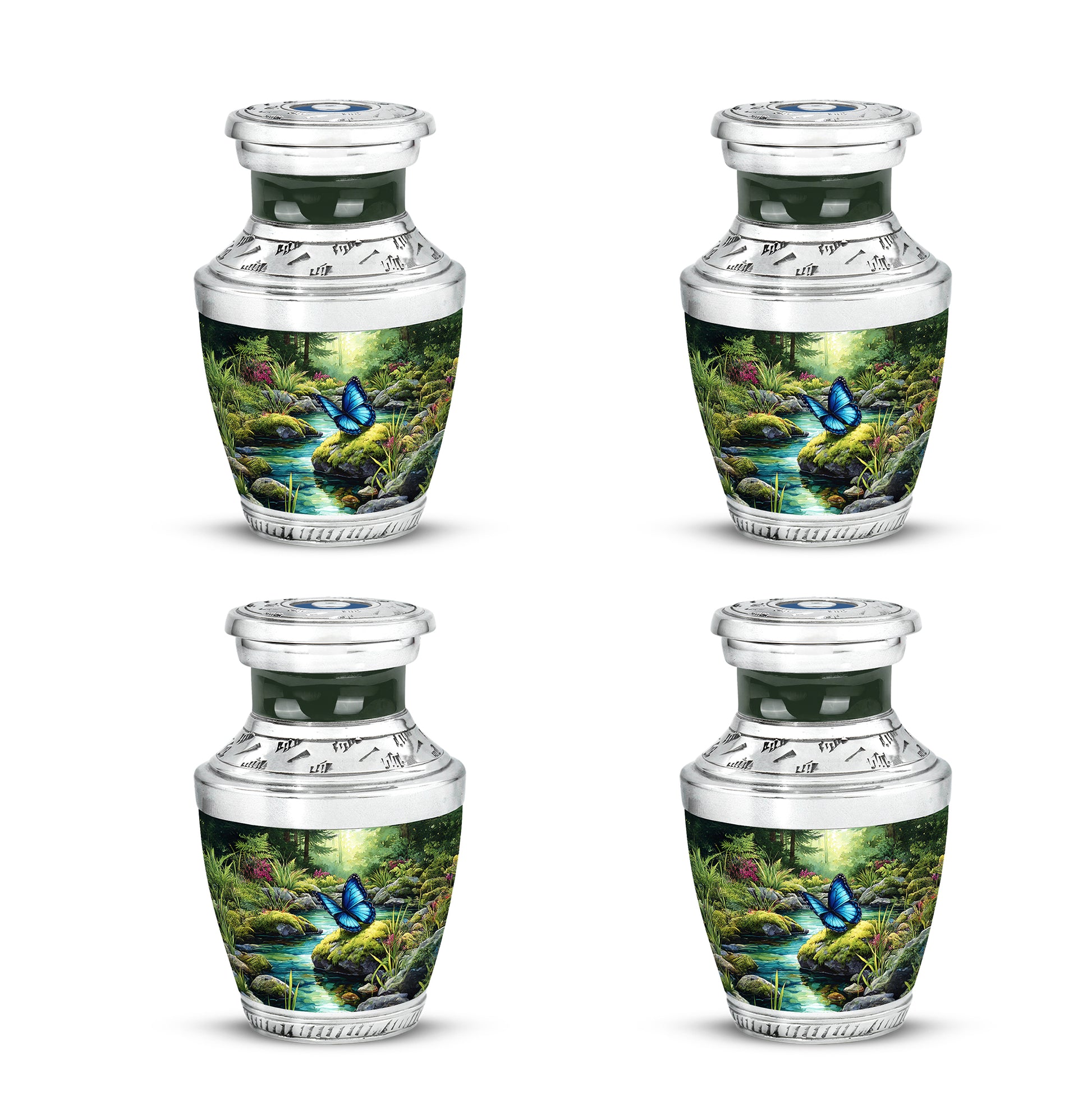 Forest Green Butterfly Cremation Urn back view with polished surface - stylized abstract butterfly pattern with bold lines - 10 inch aluminum urn for cremated remains