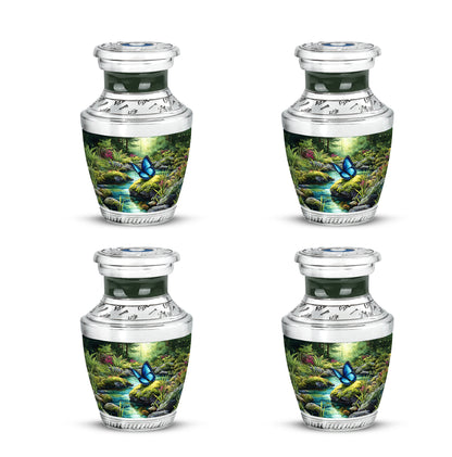 Forest Green Butterfly Cremation Urn back view with polished surface - stylized abstract butterfly pattern with bold lines - 10 inch aluminum urn for cremated remains