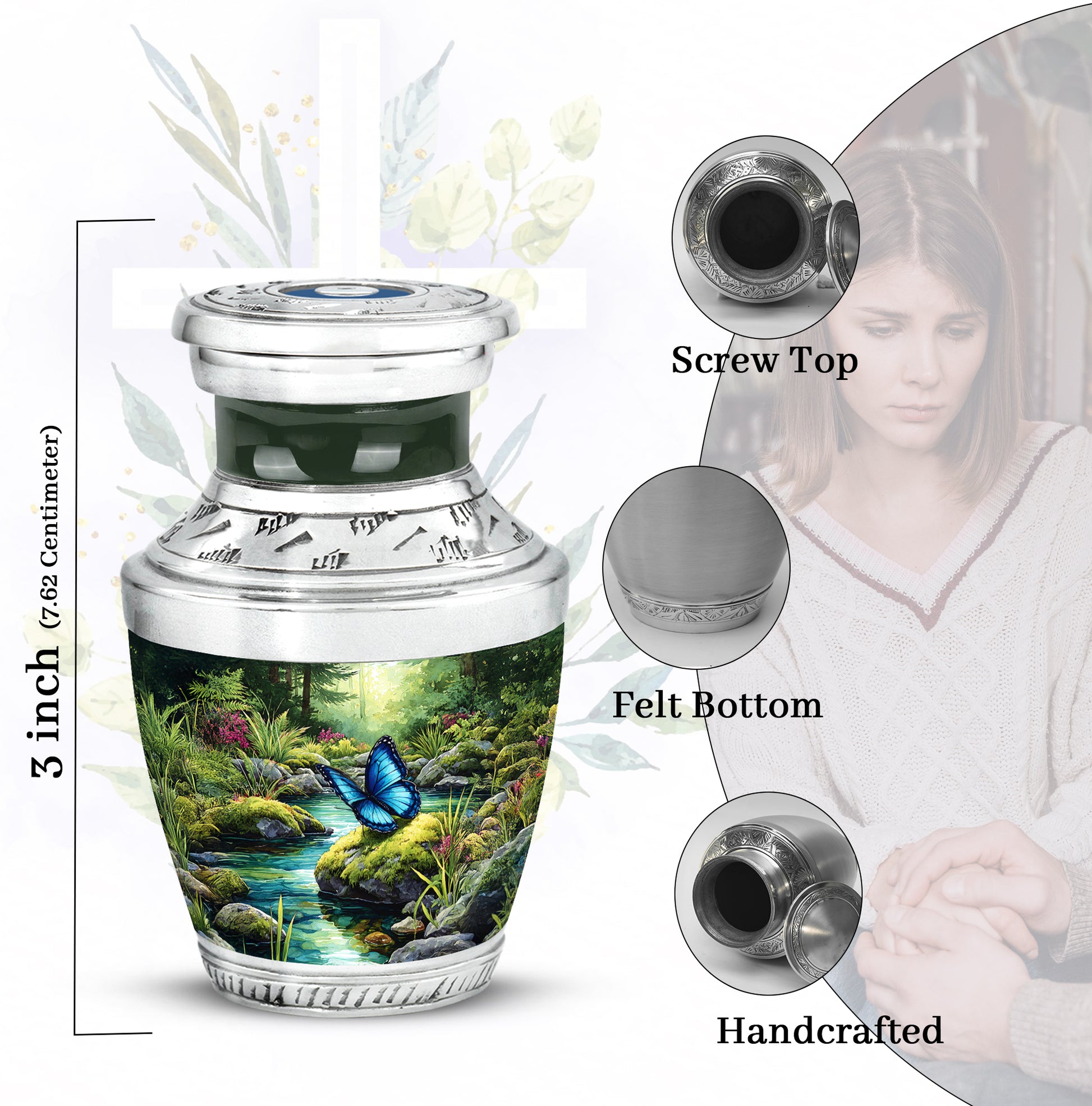 Sage Green Butterfly Cremation Urn top-down view of secure threaded lid - modern art-inspired butterfly motif on sleek aluminum - mini keepsake memorial for portion of cremation ashes