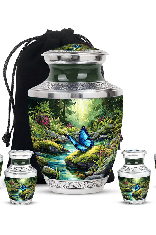 Hunter Green Butterfly Cremation Urn lifestyle display on memorial shelf - artistic butterfly interpretation with creative detail - memorial set with one large and four small urns