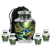Hunter Green Butterfly Cremation Urn lifestyle display on memorial shelf - artistic butterfly interpretation with creative detail - memorial set with one large and four small urns