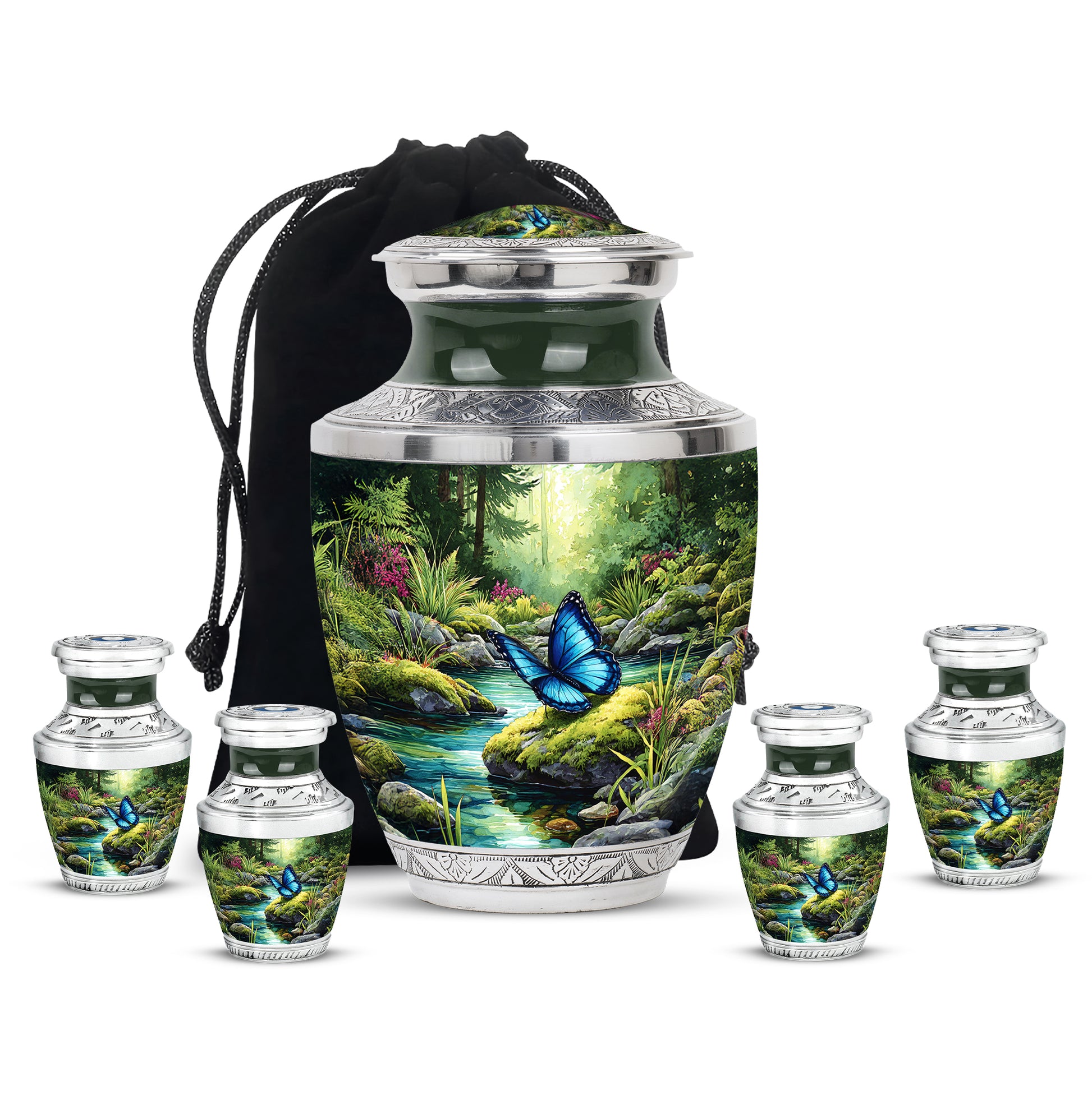 Hunter Green Butterfly Cremation Urn lifestyle display on memorial shelf - artistic butterfly interpretation with creative detail - memorial set with one large and four small urns