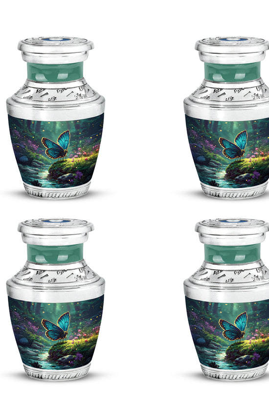 Deep Teal Butterfly Cremation Urn back view with polished surface - stylized abstract butterfly pattern with bold lines - 10 inch aluminum urn for cremated remains