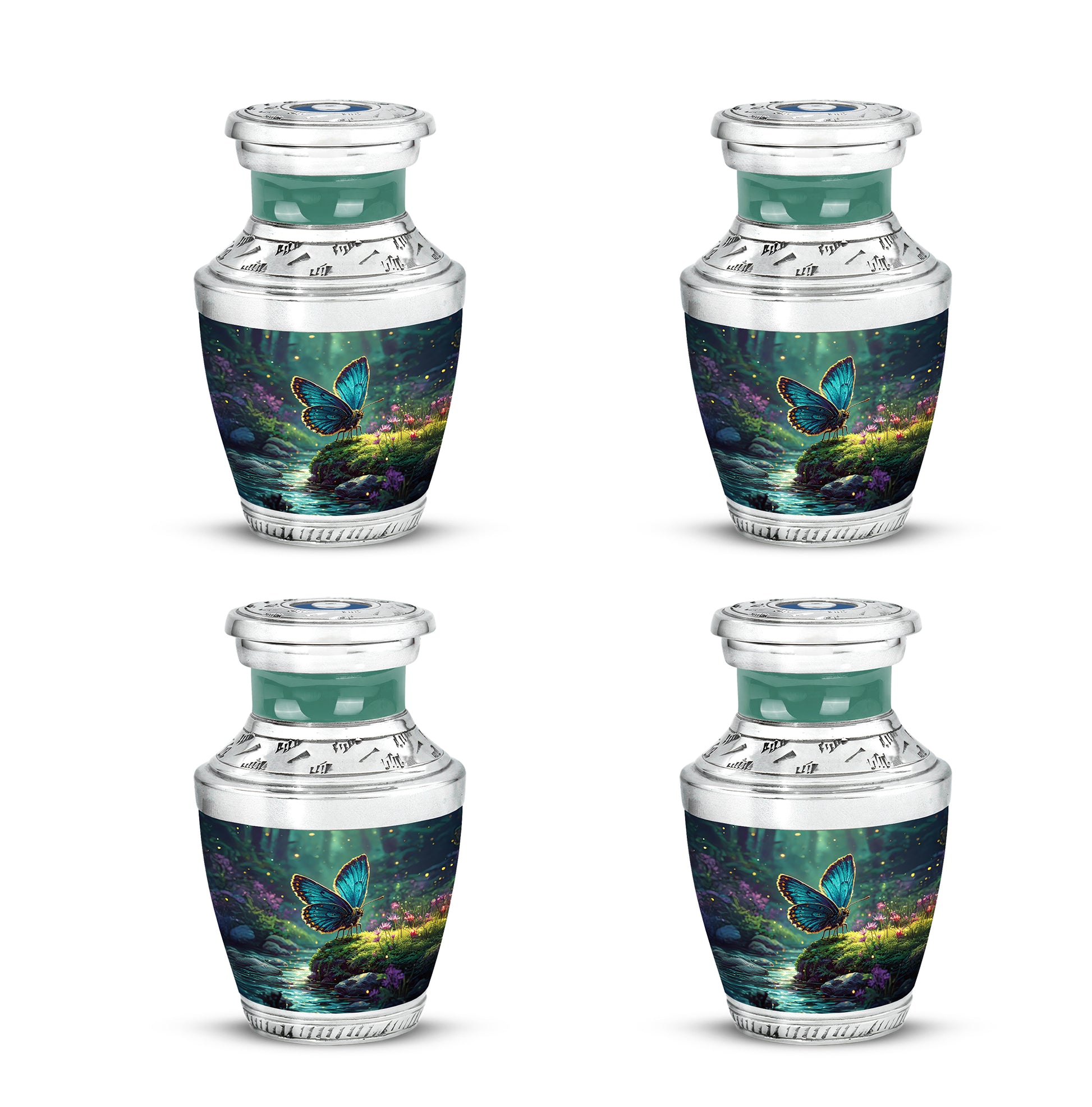 Deep Teal Butterfly Cremation Urn back view with polished surface - stylized abstract butterfly pattern with bold lines - 10 inch aluminum urn for cremated remains