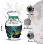 Aqua Teal Butterfly Cremation Urn top-down view of secure threaded lid - artistic butterfly interpretation with creative detail - mini keepsake memorial for portion of cremation ashes
