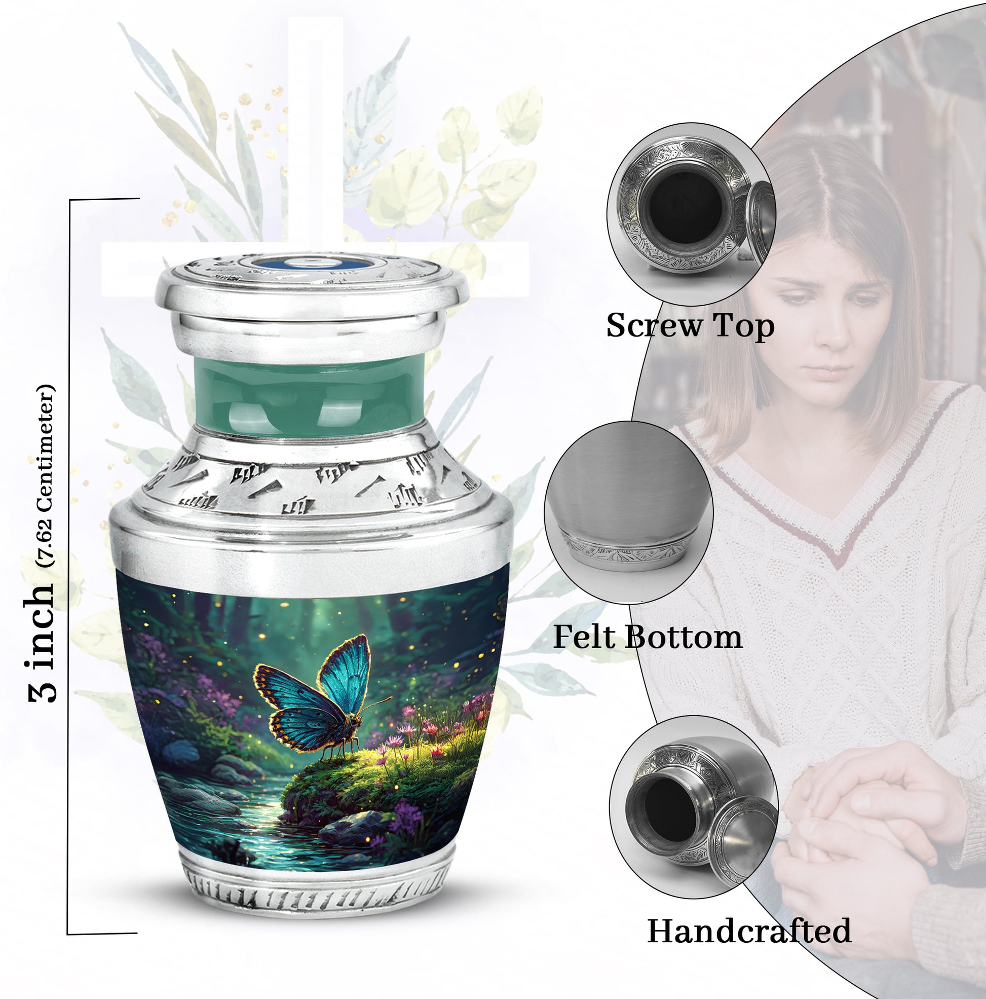 Aqua Teal Butterfly Cremation Urn top-down view of secure threaded lid - artistic butterfly interpretation with creative detail - mini keepsake memorial for portion of cremation ashes