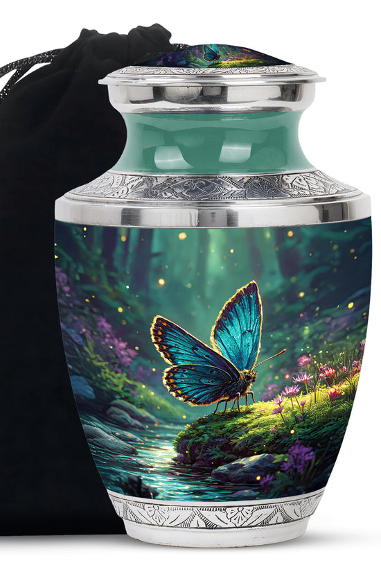 Ocean Teal Butterfly Cremation Urn side profile showing urn shape - contemporary butterfly design with modern artistic flair - full-size 10 inch 200 cubic inch adult cremation urn