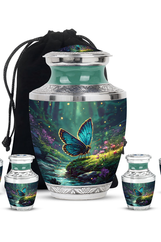 Vivid Teal Butterfly Cremation Urn lifestyle display on memorial shelf - stylized abstract butterfly pattern with bold lines - memorial set with one large and four small urns