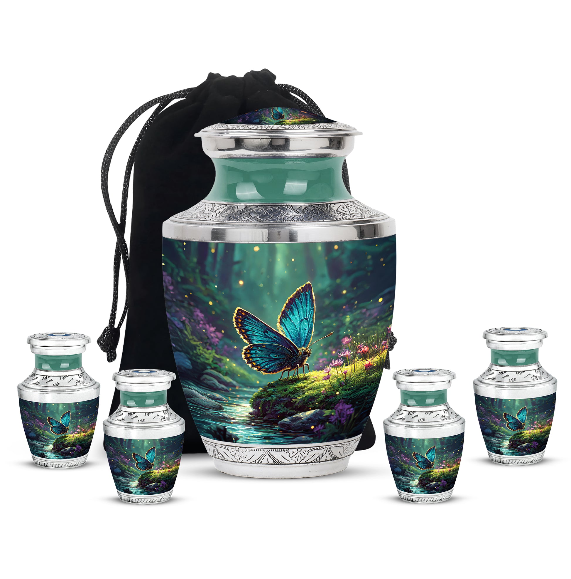 Vivid Teal Butterfly Cremation Urn lifestyle display on memorial shelf - stylized abstract butterfly pattern with bold lines - memorial set with one large and four small urns