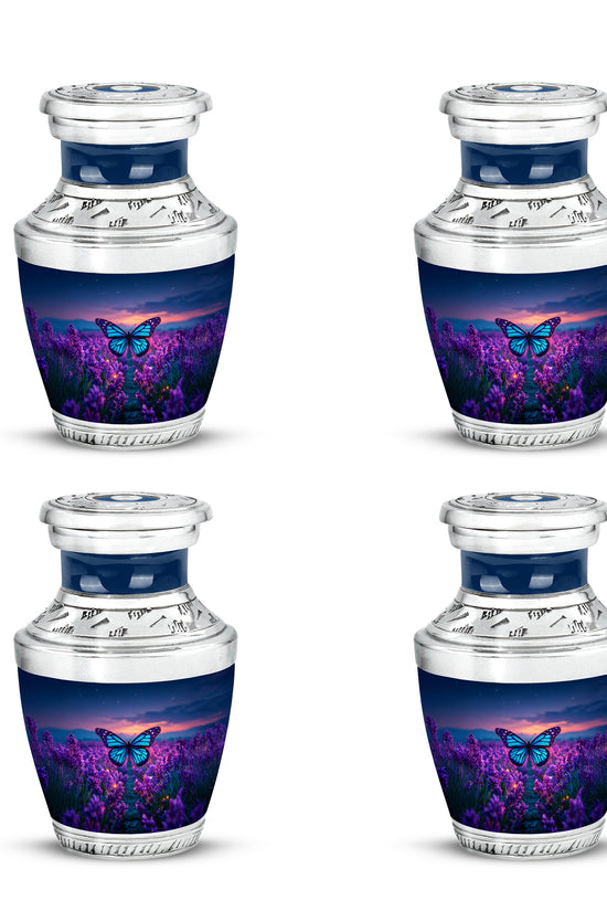 Bright Blue Butterfly Cremation Urn back view with polished surface - stylized abstract butterfly pattern with bold lines - 10 inch aluminum urn for cremated remains