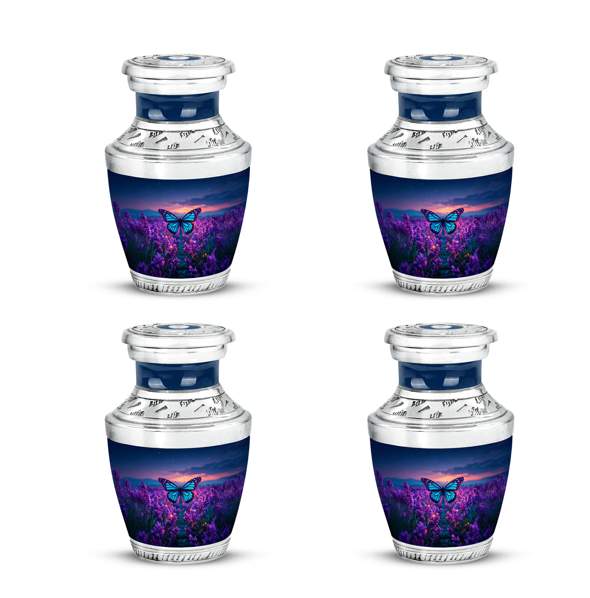 Bright Blue Butterfly Cremation Urn back view with polished surface - stylized abstract butterfly pattern with bold lines - 10 inch aluminum urn for cremated remains