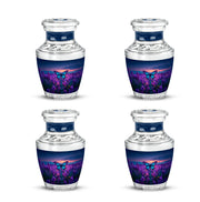 Bright Blue Butterfly Cremation Urn back view with polished surface - stylized abstract butterfly pattern with bold lines - 10 inch aluminum urn for cremated remains