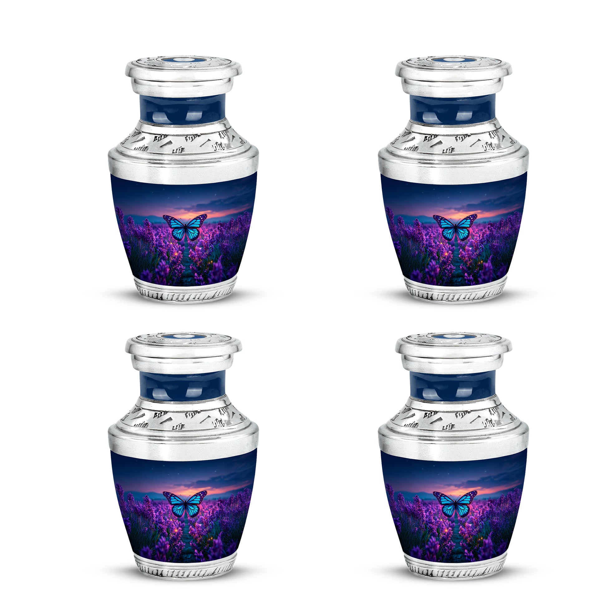 Bright Blue Butterfly Cremation Urn back view with polished surface - stylized abstract butterfly pattern with bold lines - 10 inch aluminum urn for cremated remains