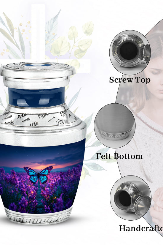 Slate Blue Butterfly Cremation Urn top-down view of secure threaded lid - contemporary butterfly design with modern artistic flair - mini keepsake memorial for portion of cremation ashes