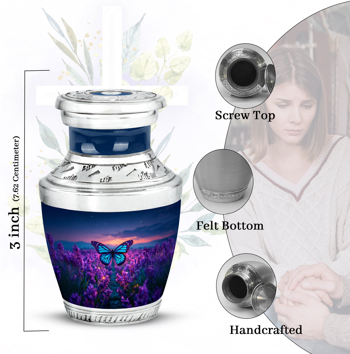 Slate Blue Butterfly Cremation Urn top-down view of secure threaded lid - contemporary butterfly design with modern artistic flair - mini keepsake memorial for portion of cremation ashes