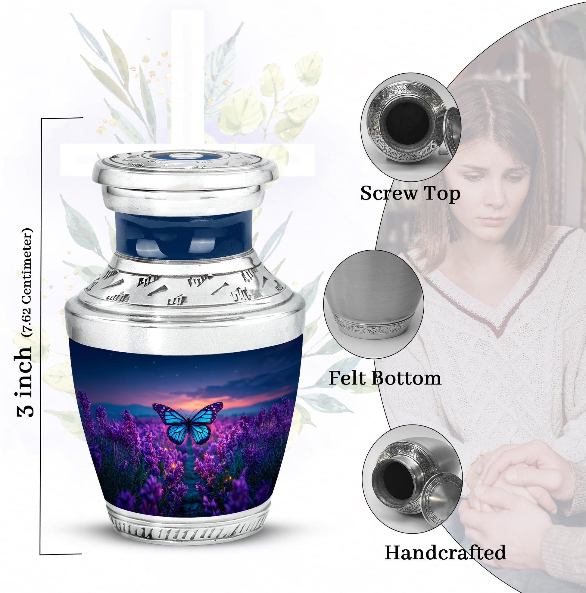 Slate Blue Butterfly Cremation Urn top-down view of secure threaded lid - contemporary butterfly design with modern artistic flair - mini keepsake memorial for portion of cremation ashes