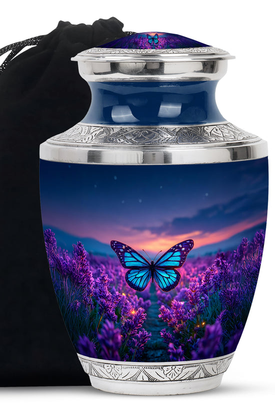 Cobalt Blue Butterfly Cremation Urn side profile showing urn shape - artistic butterfly interpretation with creative detail - full-size 10 inch 200 cubic inch adult cremation urn