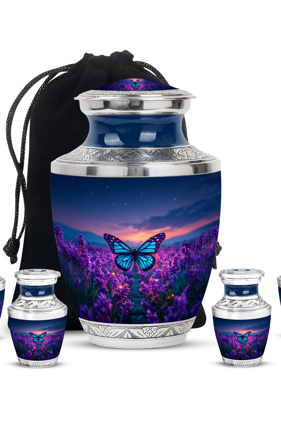 Sky Blue Butterfly Cremation Urn lifestyle display on memorial shelf - modern art-inspired butterfly motif on sleek aluminum - memorial set with one large and four small urns