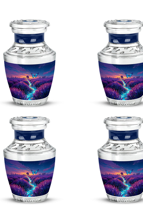 Royal Blue Butterfly Cremation Urn back view with polished surface - stylized abstract butterfly pattern with bold lines - 10 inch aluminum urn for cremated remains