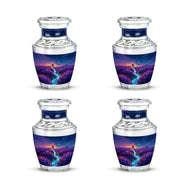 Royal Blue Butterfly Cremation Urn back view with polished surface - stylized abstract butterfly pattern with bold lines - 10 inch aluminum urn for cremated remains