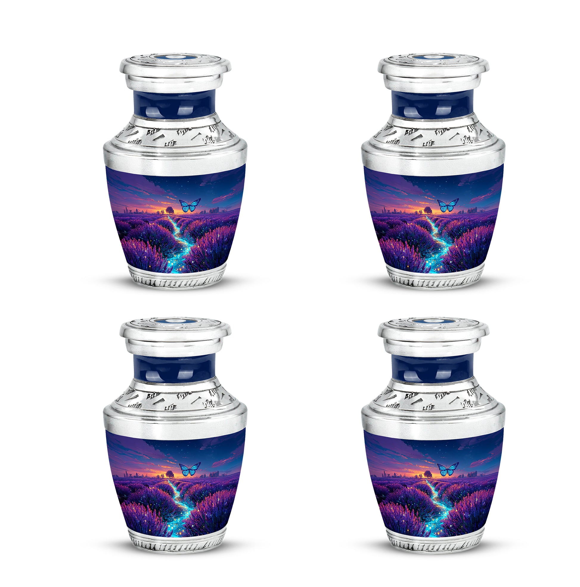 Royal Blue Butterfly Cremation Urn back view with polished surface - stylized abstract butterfly pattern with bold lines - 10 inch aluminum urn for cremated remains