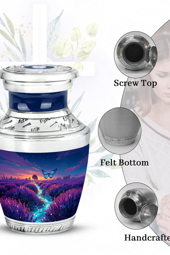 Powder Blue Butterfly Cremation Urn top-down view of secure threaded lid - modern art-inspired butterfly motif on sleek aluminum - mini keepsake memorial for portion of cremation ashes