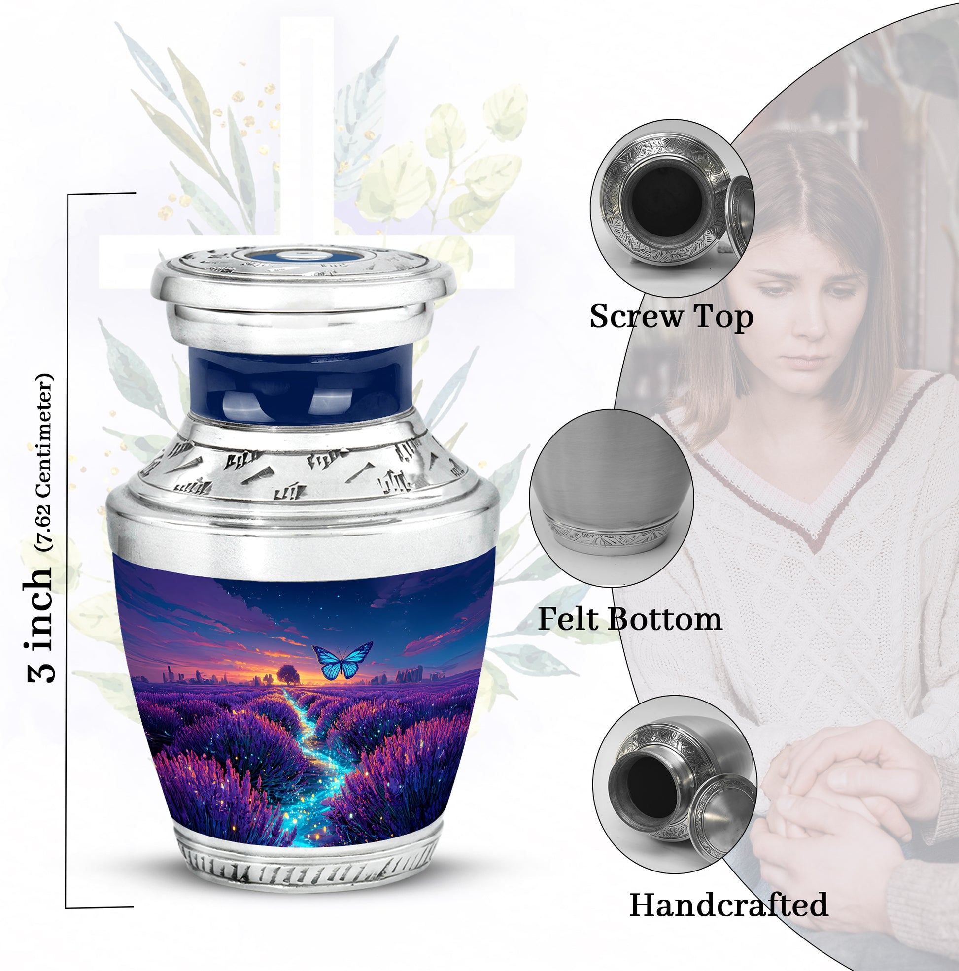 Powder Blue Butterfly Cremation Urn top-down view of secure threaded lid - modern art-inspired butterfly motif on sleek aluminum - mini keepsake memorial for portion of cremation ashes