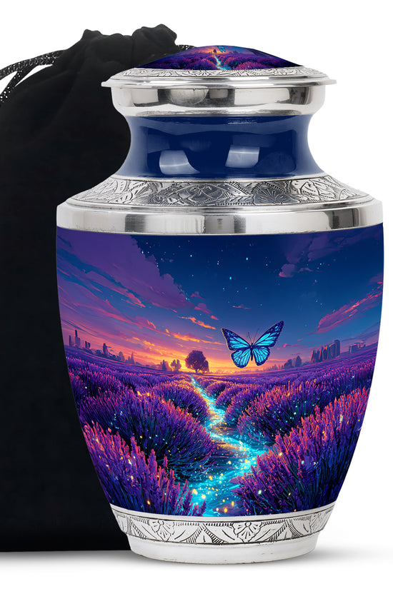 Slate Blue Butterfly Cremation Urn side profile showing urn shape - modern art-inspired butterfly motif on sleek aluminum - full-size 10 inch 200 cubic inch adult cremation urn