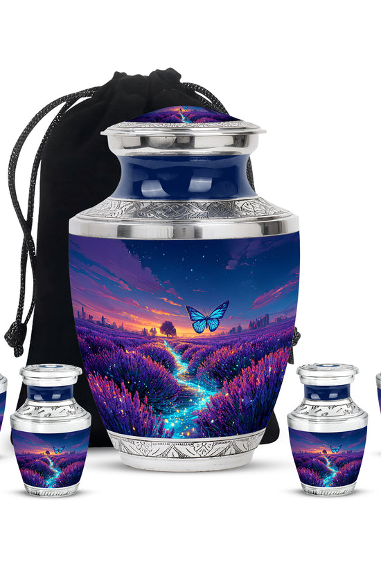 Serene Blue Butterfly Cremation Urn lifestyle display on memorial shelf - artistic butterfly interpretation with creative detail - memorial set with one large and four small urns