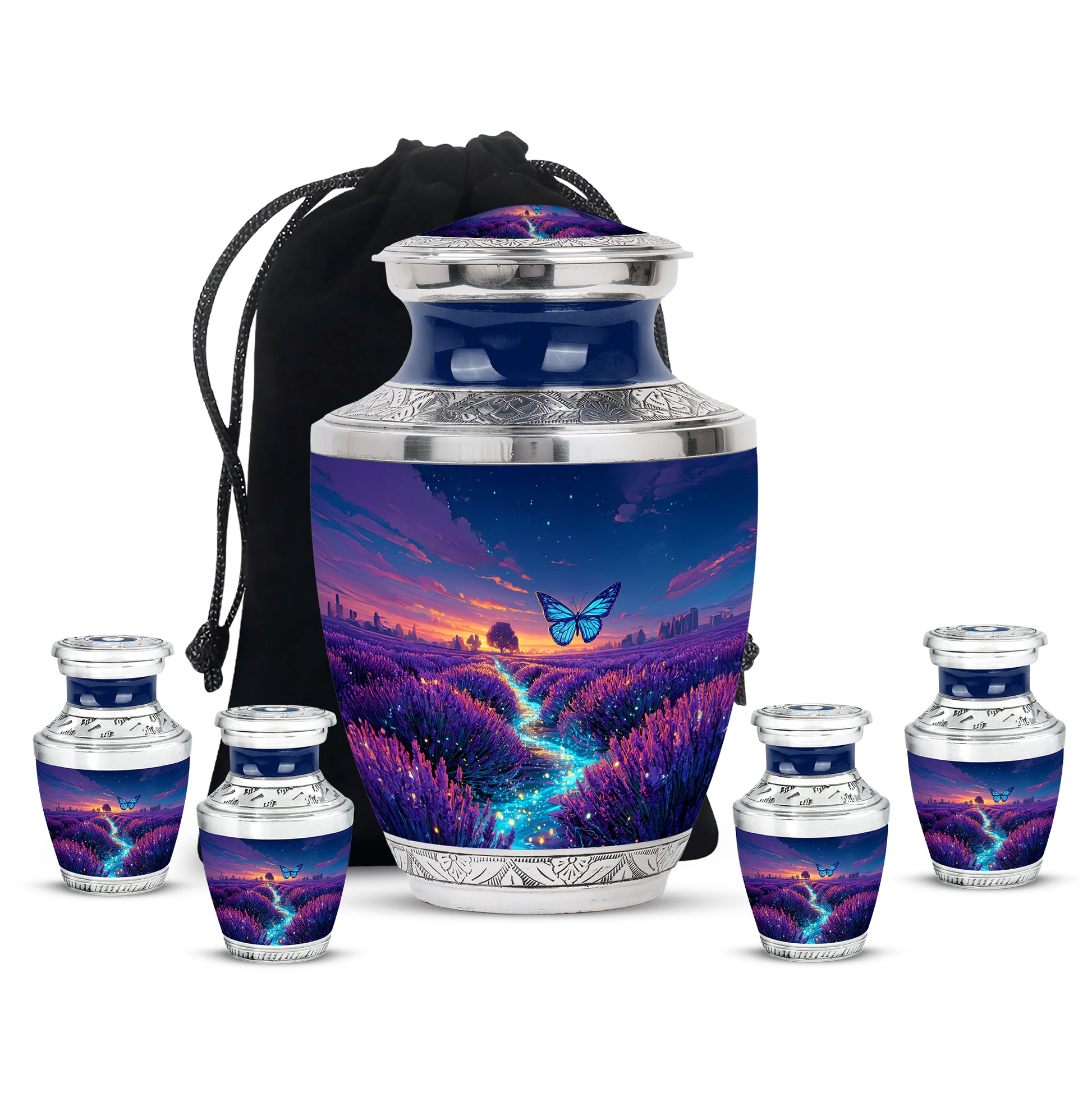 Serene Blue Butterfly Cremation Urn lifestyle display on memorial shelf - artistic butterfly interpretation with creative detail - memorial set with one large and four small urns