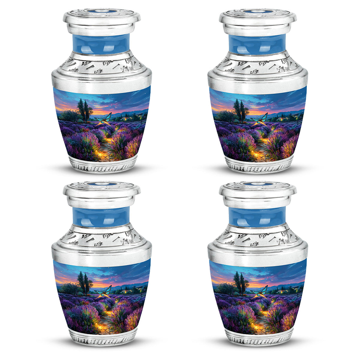 Cornflower Blue Butterfly Cremation Urn back view with polished surface - artistic butterfly interpretation with creative detail - 10 inch aluminum urn for cremated remains