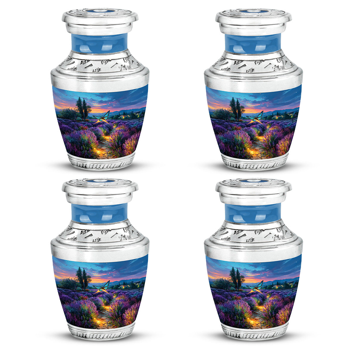 Cornflower Blue Butterfly Cremation Urn back view with polished surface - artistic butterfly interpretation with creative detail - 10 inch aluminum urn for cremated remains