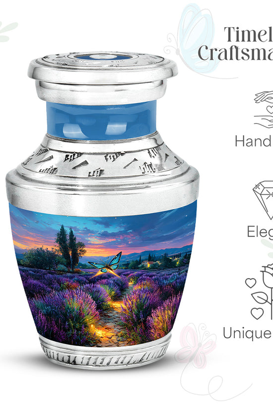Misty Blue Butterfly Cremation Urn top-down view of secure threaded lid - contemporary butterfly design with modern artistic flair - mini keepsake memorial for portion of cremation ashes