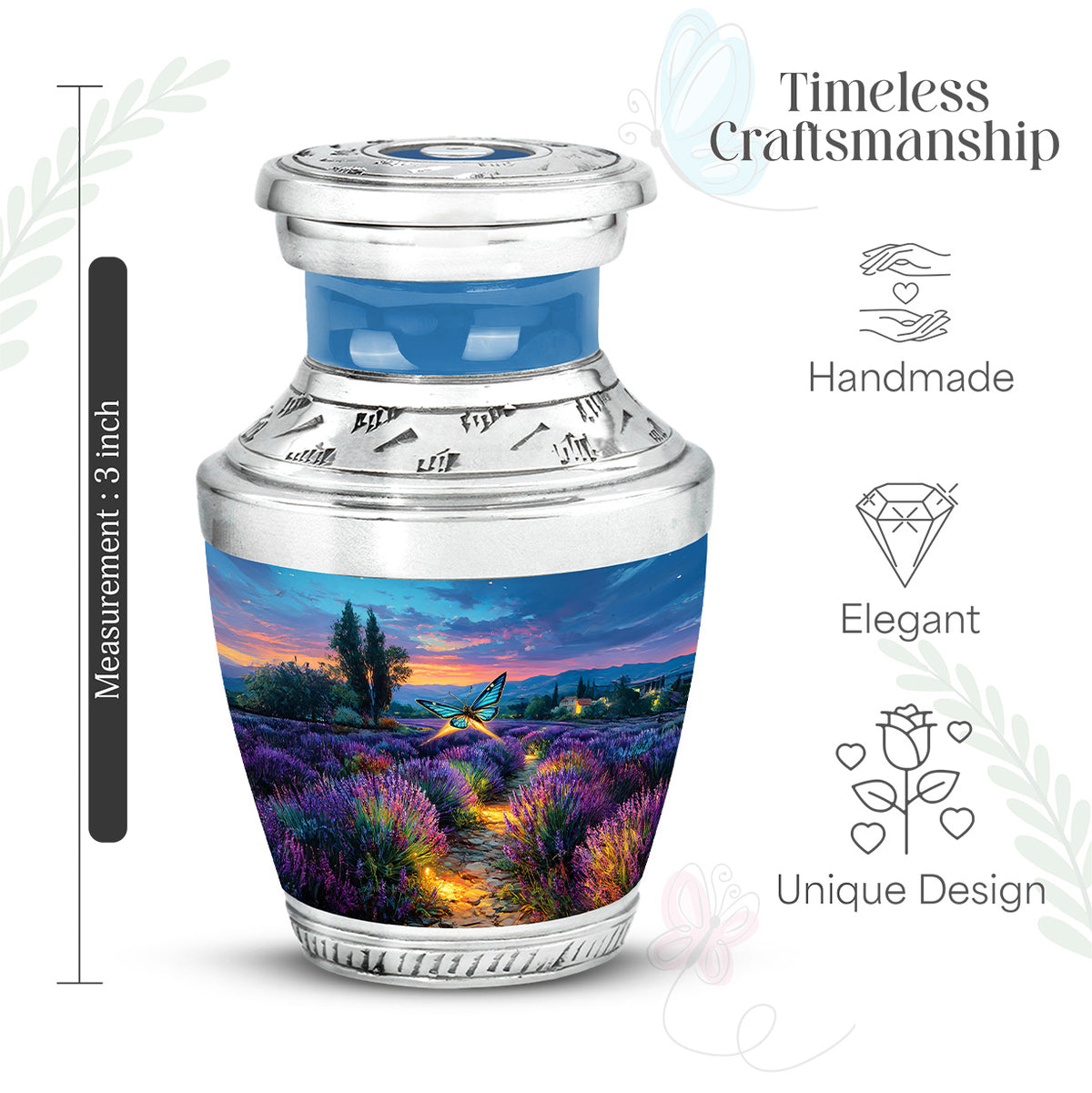 Misty Blue Butterfly Cremation Urn top-down view of secure threaded lid - contemporary butterfly design with modern artistic flair - mini keepsake memorial for portion of cremation ashes