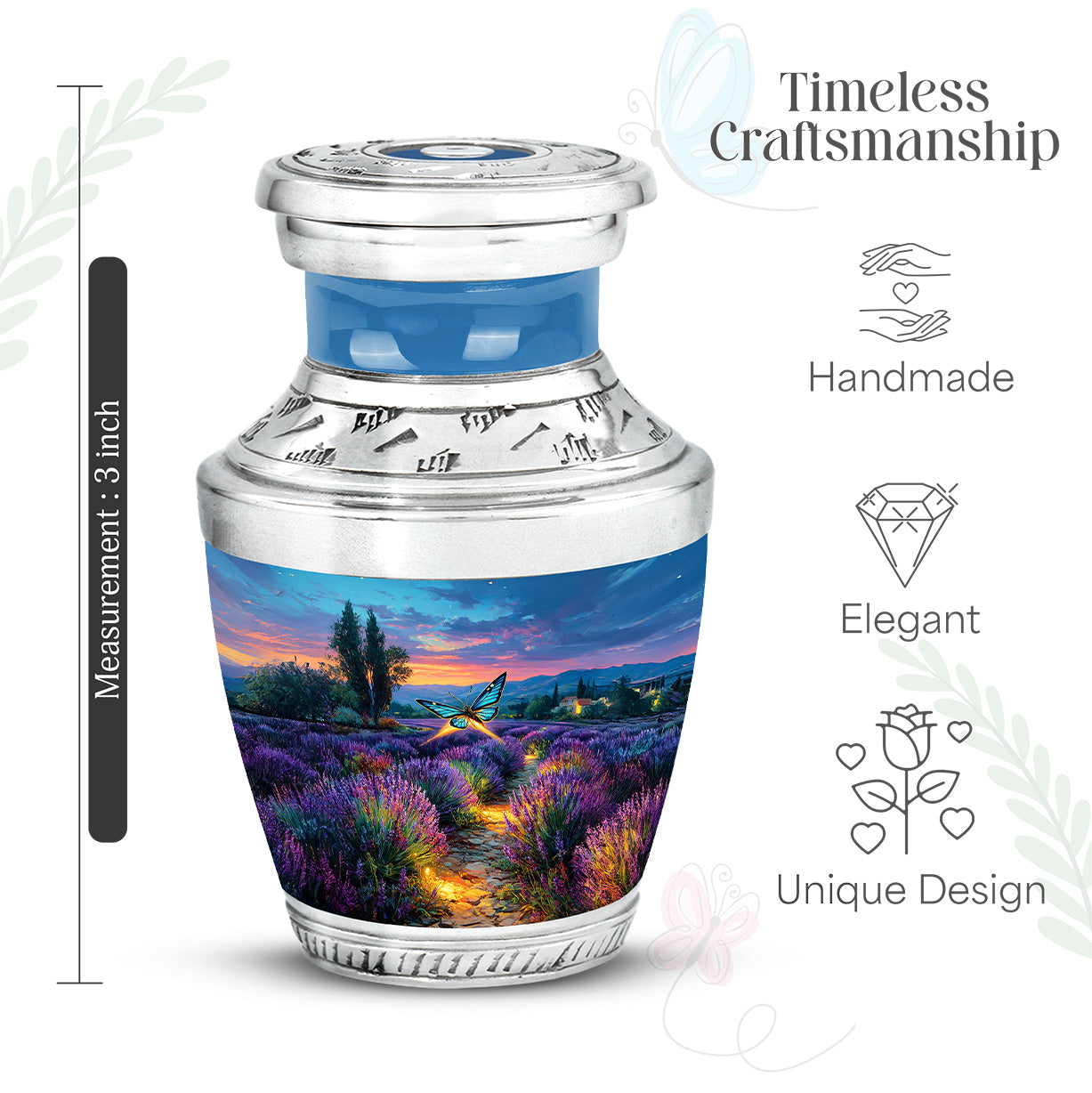 Misty Blue Butterfly Cremation Urn top-down view of secure threaded lid - contemporary butterfly design with modern artistic flair - mini keepsake memorial for portion of cremation ashes