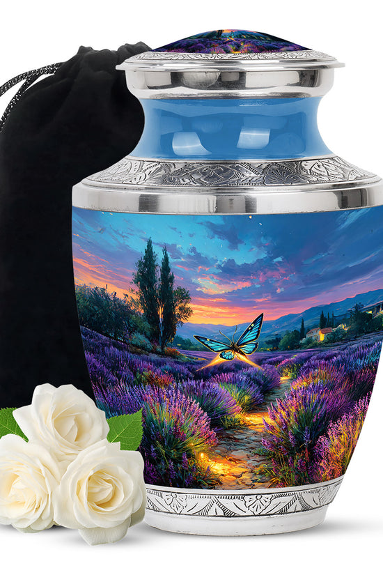 Celestial Blue Butterfly Cremation Urn side profile showing urn shape - contemporary butterfly design with modern artistic flair - full-size 10 inch 200 cubic inch adult cremation urn