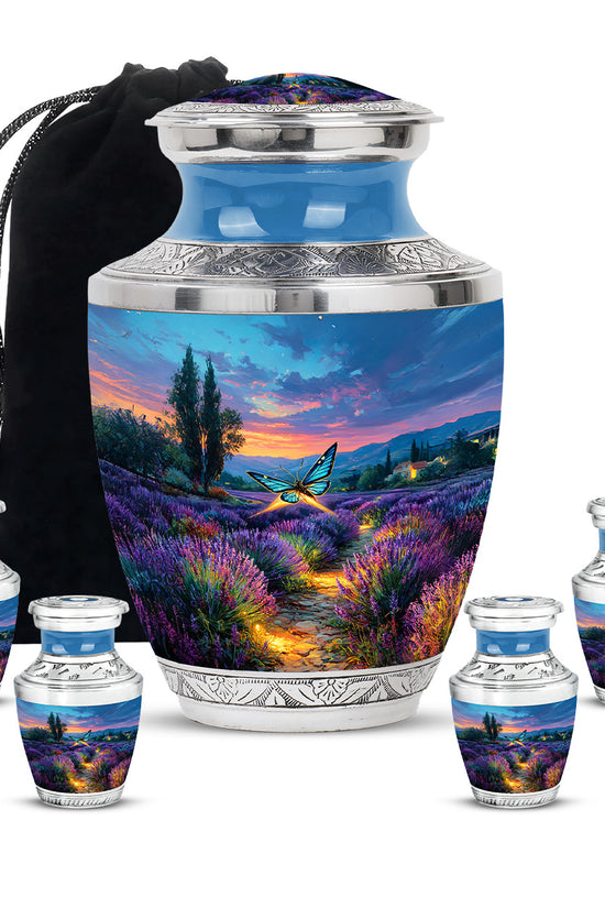 Cobalt Blue Butterfly Cremation Urn lifestyle display on memorial shelf - artistic butterfly interpretation with creative detail - memorial set with one large and four small urns