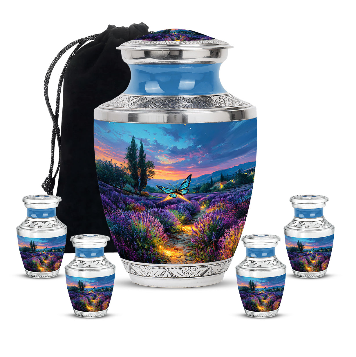 Cobalt Blue Butterfly Cremation Urn lifestyle display on memorial shelf - artistic butterfly interpretation with creative detail - memorial set with one large and four small urns