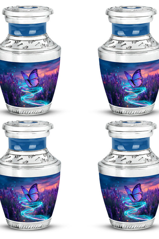 Indigo Butterfly Cremation Urn back view with polished surface - contemporary butterfly design with modern artistic flair - 10 inch aluminum urn for cremated remains