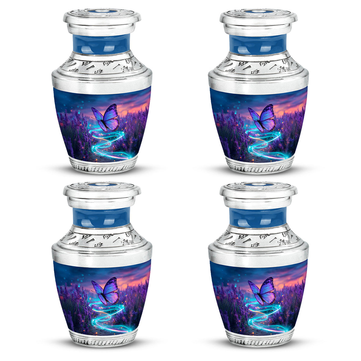Indigo Butterfly Cremation Urn back view with polished surface - contemporary butterfly design with modern artistic flair - 10 inch aluminum urn for cremated remains