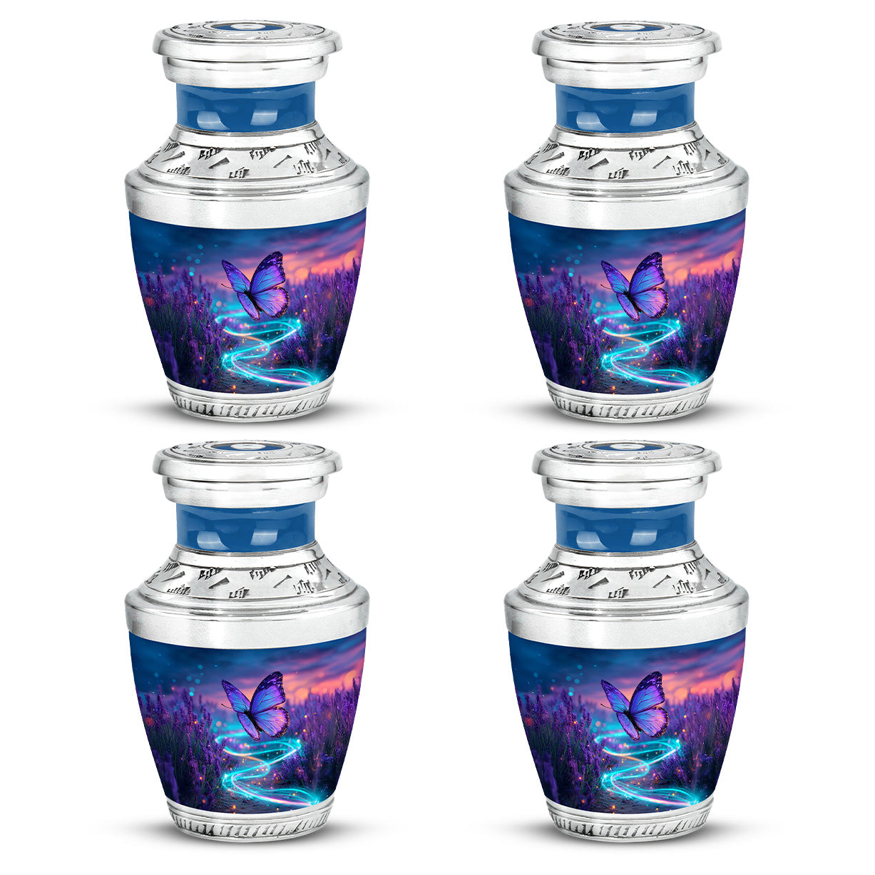 Indigo Butterfly Cremation Urn back view with polished surface - contemporary butterfly design with modern artistic flair - 10 inch aluminum urn for cremated remains