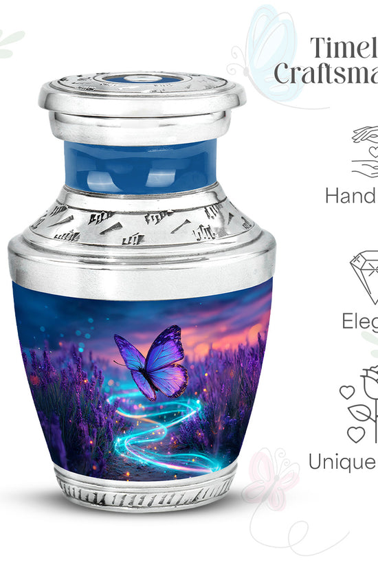 Dusty Blue Butterfly Cremation Urn top-down view of secure threaded lid - contemporary butterfly design with modern artistic flair - mini keepsake memorial for portion of cremation ashes