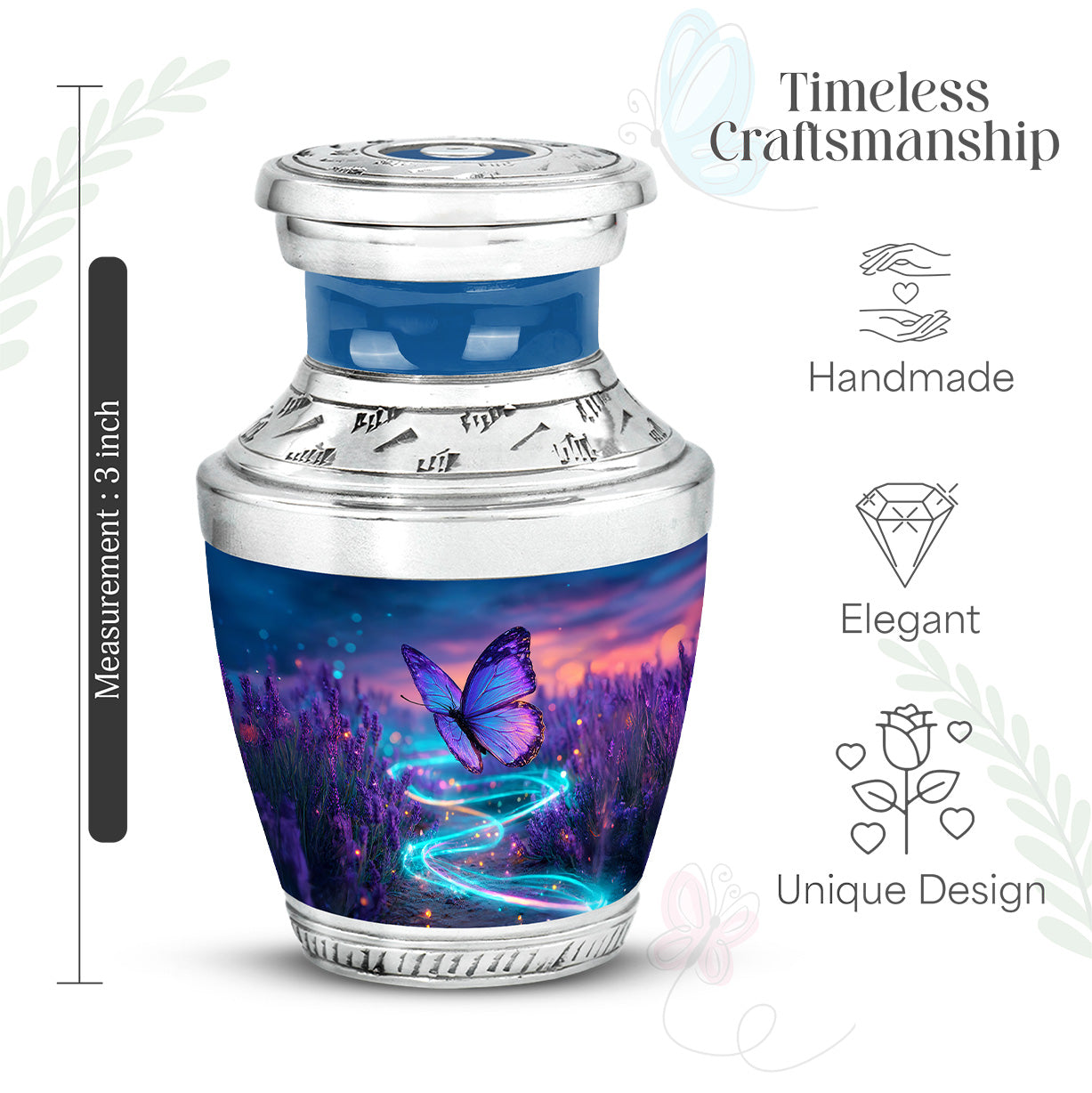 Dusty Blue Butterfly Cremation Urn top-down view of secure threaded lid - contemporary butterfly design with modern artistic flair - mini keepsake memorial for portion of cremation ashes