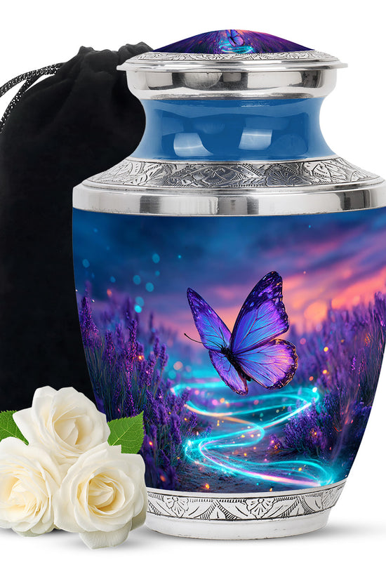 Celestial Blue Butterfly Cremation Urn side profile showing urn shape - modern art-inspired butterfly motif on sleek aluminum - full-size 10 inch 200 cubic inch adult cremation urn