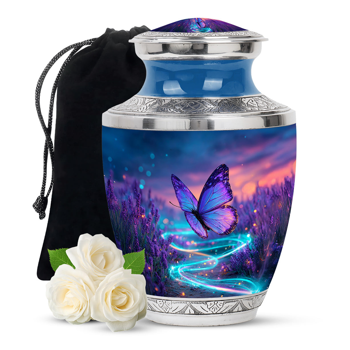 Celestial Blue Butterfly Cremation Urn side profile showing urn shape - modern art-inspired butterfly motif on sleek aluminum - full-size 10 inch 200 cubic inch adult cremation urn
