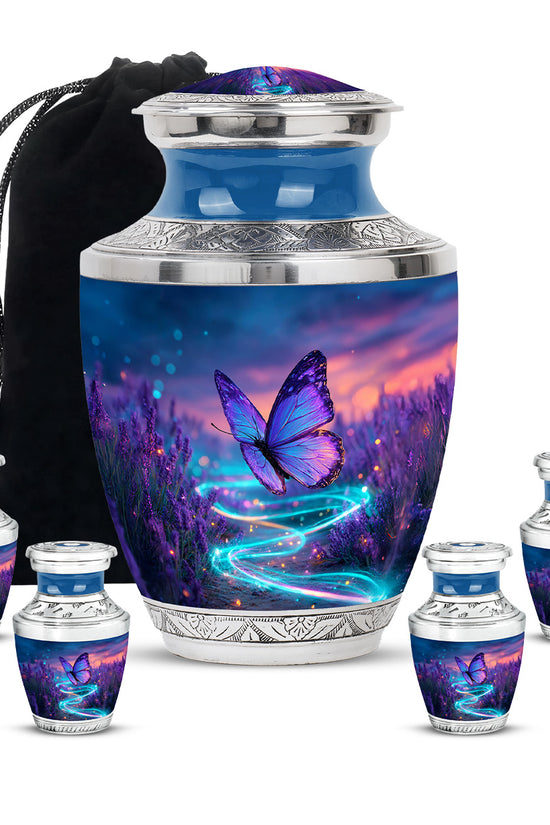 Steel Blue Butterfly Cremation Urn lifestyle display on memorial shelf - artistic butterfly interpretation with creative detail - memorial set with one large and four small urns
