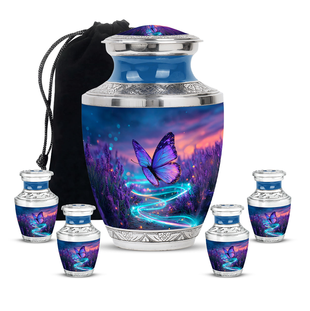 Steel Blue Butterfly Cremation Urn lifestyle display on memorial shelf - artistic butterfly interpretation with creative detail - memorial set with one large and four small urns